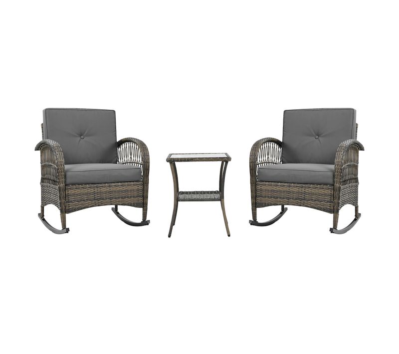 Salon De Jardin 3 Pièces: 2 Fauteuils à Bascule, Table En Verre Trempé, Coussins, En Rotin, Gris