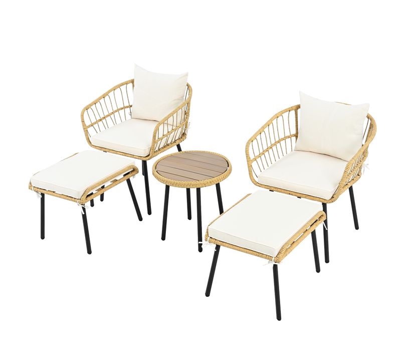 Salon De Jardin 5 Pièces: Table, 2 Chaises, 2 Tabourets, Coussins, Blanc/naturel