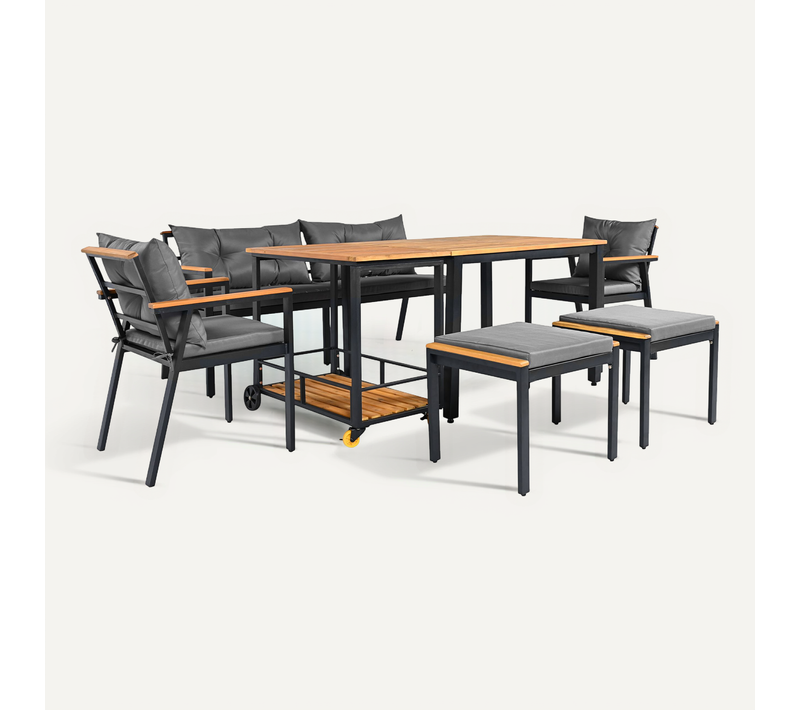 Salon De Jardin 6 Places: Table, Fauteuils, Canapé 2 Places, Tabourets, Chariot Amovible, Noir/gris
