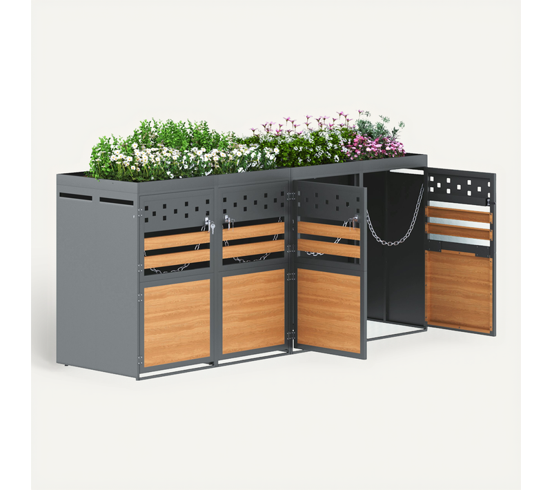 Lot De 2 Cache Poubelles 264x80x125 Cm Avec Toit Pour Plantes, En Métal, Gris Et Naturel