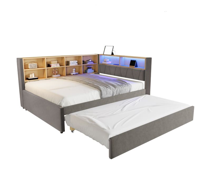 Lit Enfant Lit Gigogne LED 140x200/90x190 Cm, Port De Recharge Et Rangement, Flanelle, Gris Foncé