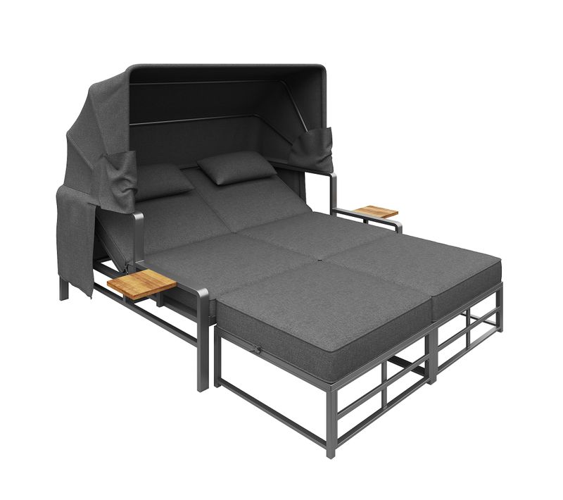 Salon De Jardin Convertible: Bain De Soleil Double, Toit Pliable, Coussins, En Métal, Gris Foncé