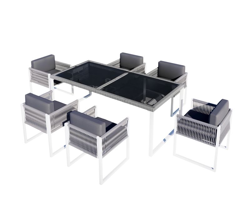 Salon De Jardin 6 Places: Table 170x80 Cm En Verre, 6 Fauteuils, Coussins Amovibles, Gris/blanc