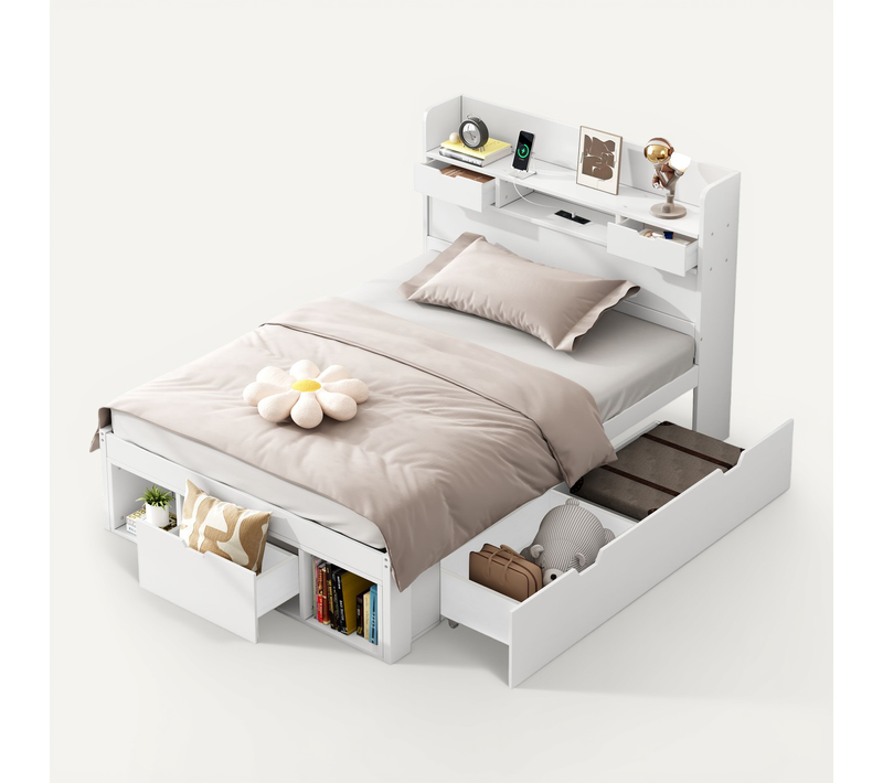 Lit Simple 90x200 Cm, Lit Enfant, Lit Multifonctionnel, Port USB, Tiroirs Et Rangements, Blanc