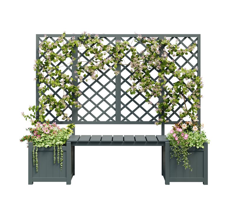 Jardinière Extérieure 169x42x145 Cm Avec Treillis Et Assise En Bois Massif, Gris