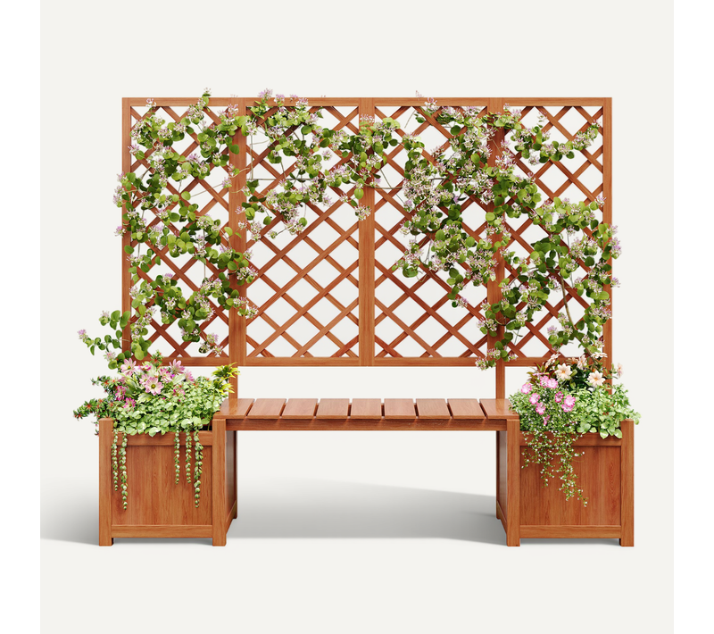 Jardinière Extérieure 169x42x145 Cm Avec Treillis, Bac à Plantes, Assise En Bois Massif, Brun