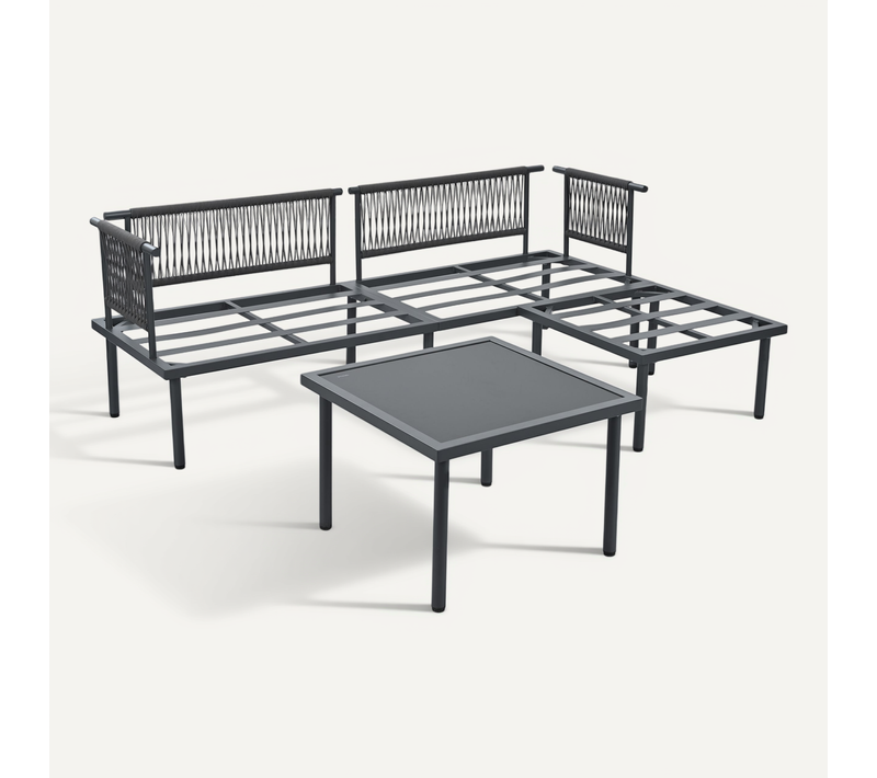 Ensemble Mobilier De Jardin Avec 1 Canapé, 1 Table Basse Et Repose-pieds, Acier+verre, gris+noir