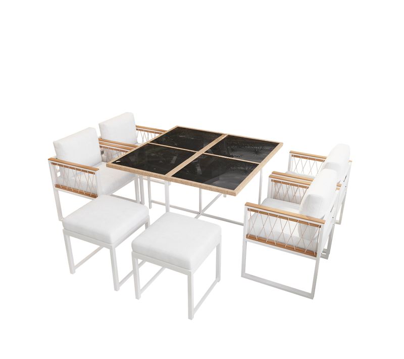 Salon De Jardin 6 Places: Table En Verre, 4 Fauteuils, Tabourets, Coussins Amovibles, Métal, Blanc