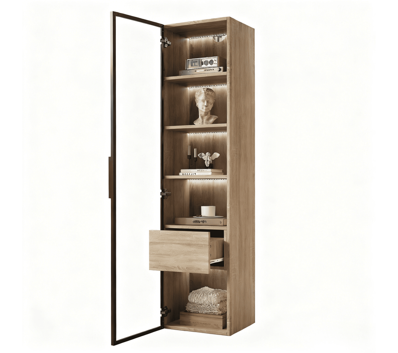 Vitrine Moderne 40×34,5×165 Cm Avec LED, 1 Tiroir, 1 Porte Verre Trempé, En Mdf, Naturel
