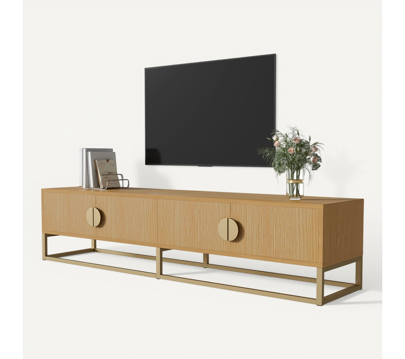 Meuble TV 180x40x40 Cm Avec 4 Portes, Poignées Arrondies, En Mdf, Couleur Chêne