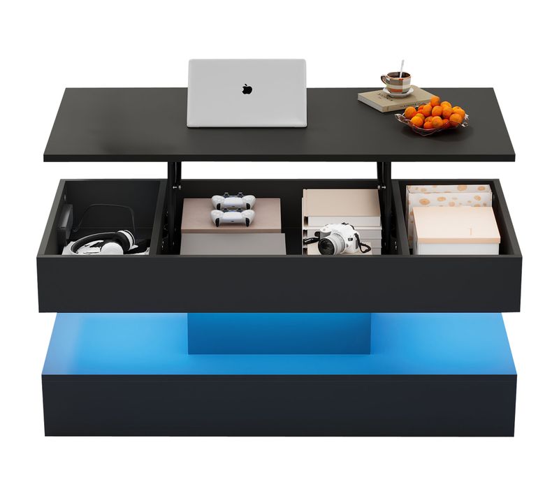 Table basse LED 100×50×42 cm avec plateau relevable et rangement caché, panneaux particules noir