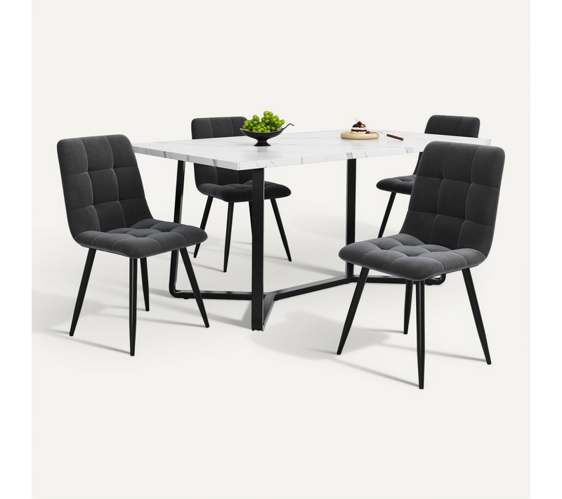 Ensemble De Salle à Manger: Table Rectangulaire En Mdf+4 Chaises Velours Grises, Pieds Métal Noirs
