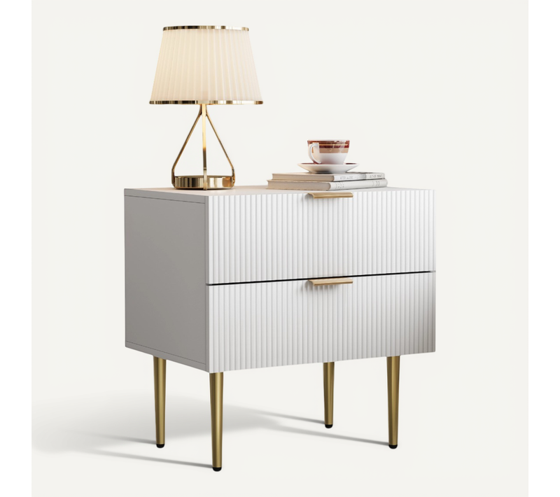 Table De Chevet 53x41.5x52.5 Cm, 2 Tiroirs, Design Ondulé, Pieds En Métal, En Mdf, Blanc