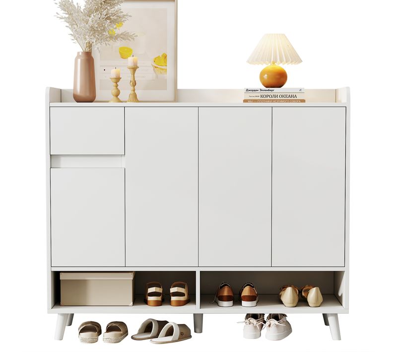 Meuble à Chaussures 120x35x99 Cm Avec 1 Tiroir, 4 Portes, Étagère Réglable, Rangement Ouvert, Blanc