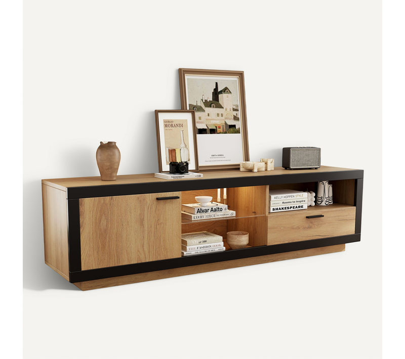 Meuble TV L.160 Cm Pour TV Jusqu'à 70'', Lumières LED, 1 Porte, 1 Tiroir, 3 Niches, Noir + Chêne