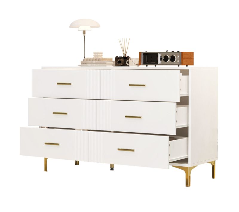 Commode 120x40x76 Cm Avec 6 Tiroirs, Pieds Métalliques, En Mdf, Blanc