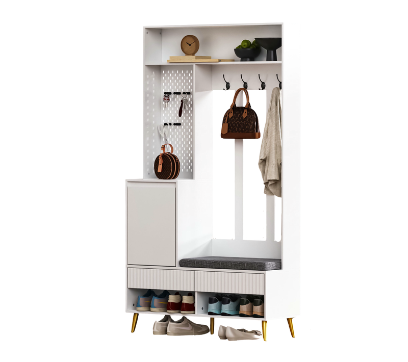 Vestiaire D’entrée 100x35x180 Cm Avec Banc, 4 Crochets, 2 Tiroirs, 1 Porte, En Mdf, Blanc
