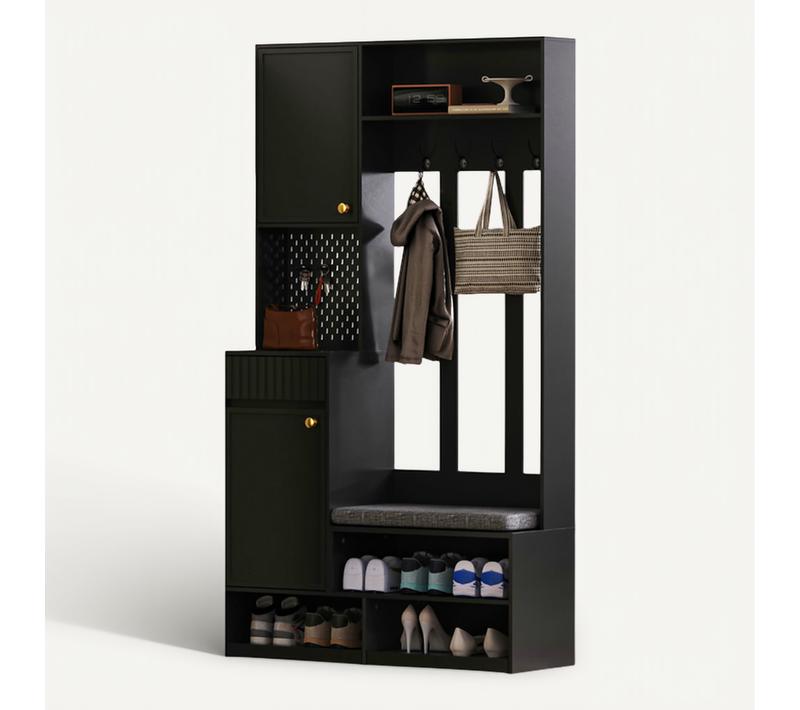Vestiaire 100x35x180 Cm Avec Banc, 4 Crochets, 1 Tiroir, 2 Portes, Niches Ouverts, Mdf, Noir
