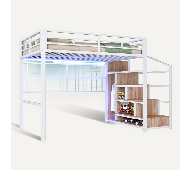 Lit Mezzanine 140x200 Cm Avec Échelle, LED, Grille De Suspension, Rangement, En Métal, Blanc