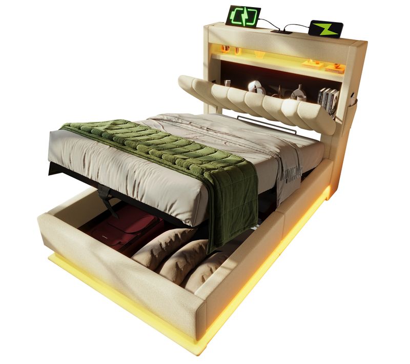 Lit Coffre Enfant 90x200 Cm, Lit Simple Avec Charge USB Type-c, LED Et Rangement, Lin, Beige