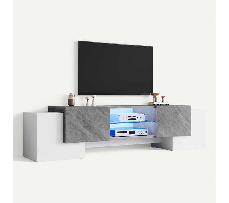 Meuble TV 180x40x46,5 Cm Avec 4 Portes, LED, Compartiment Ouvert, En Mdf, Blanc Et Gris