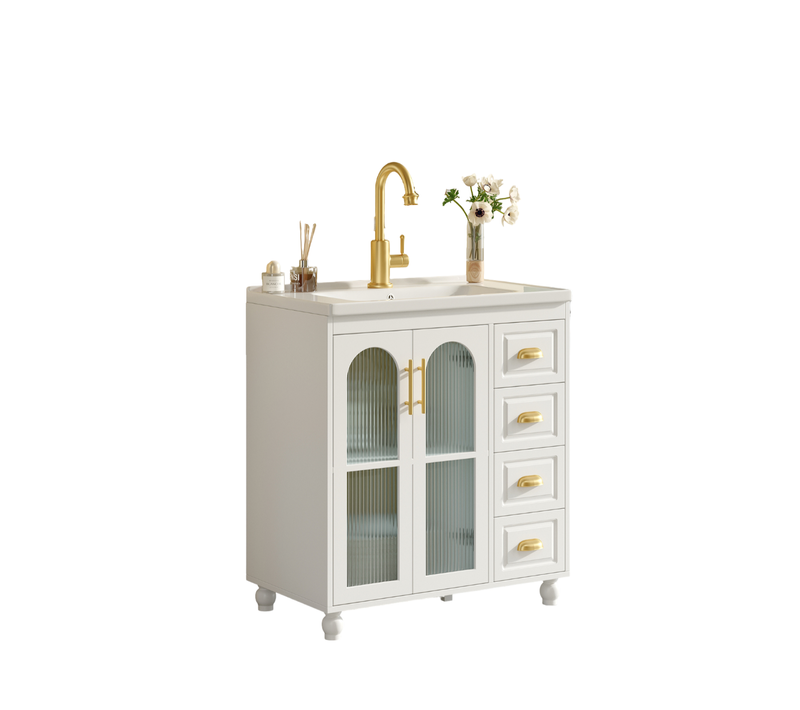 Meuble Lavabo En Mdf Et Vasque En Céramique 80x47x90 Cm Avec 3 Portes, 3 Tiroirs, Blanc
