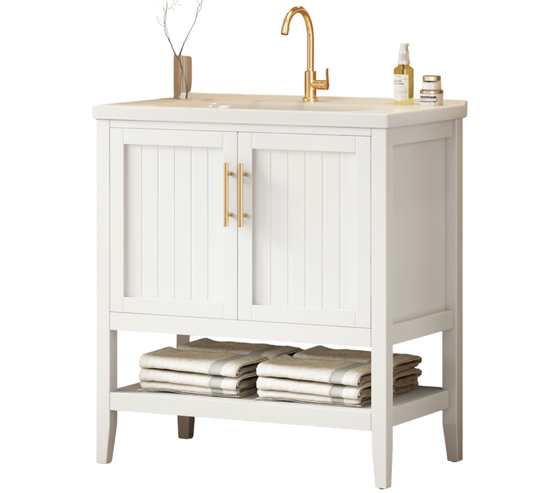 Meuble Lavabo En Mdf Et Vasque En Céramique 80x47x90 Cm Avec 2 Portes, Rangement Ouvert, Blanc