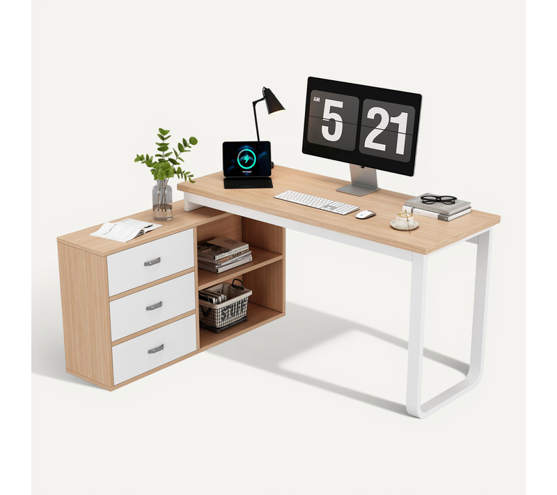 Bureau D'angle En L 147x100x75.3cm, 3 Tiroirs + 2 étagères Ouvertes, En Mdf + Métal, Naturel