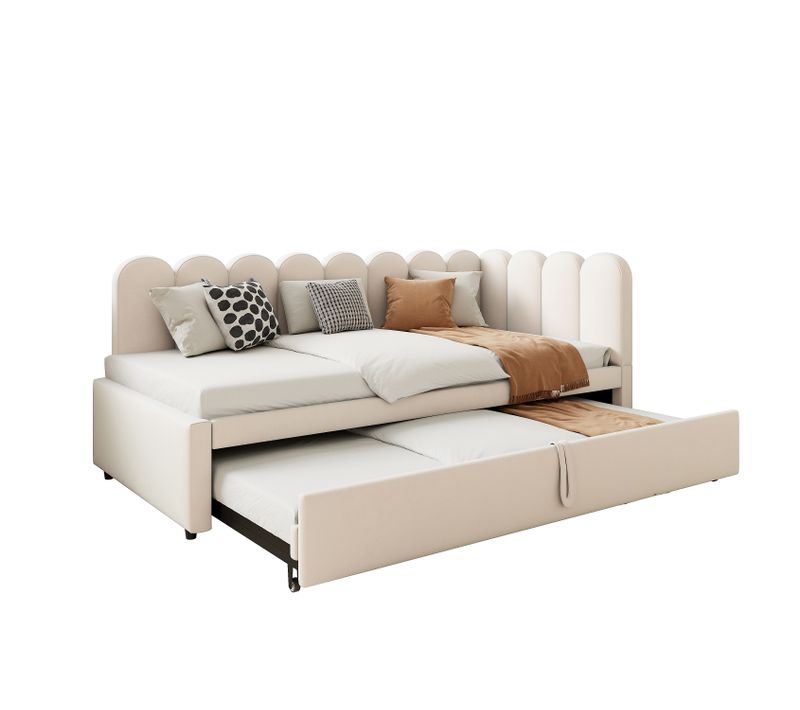 Lit Gigogne 90x200 Cm X 2 Avec Tête De Lit Capitonnée Et Sommier à Lattes, Velours, Beige