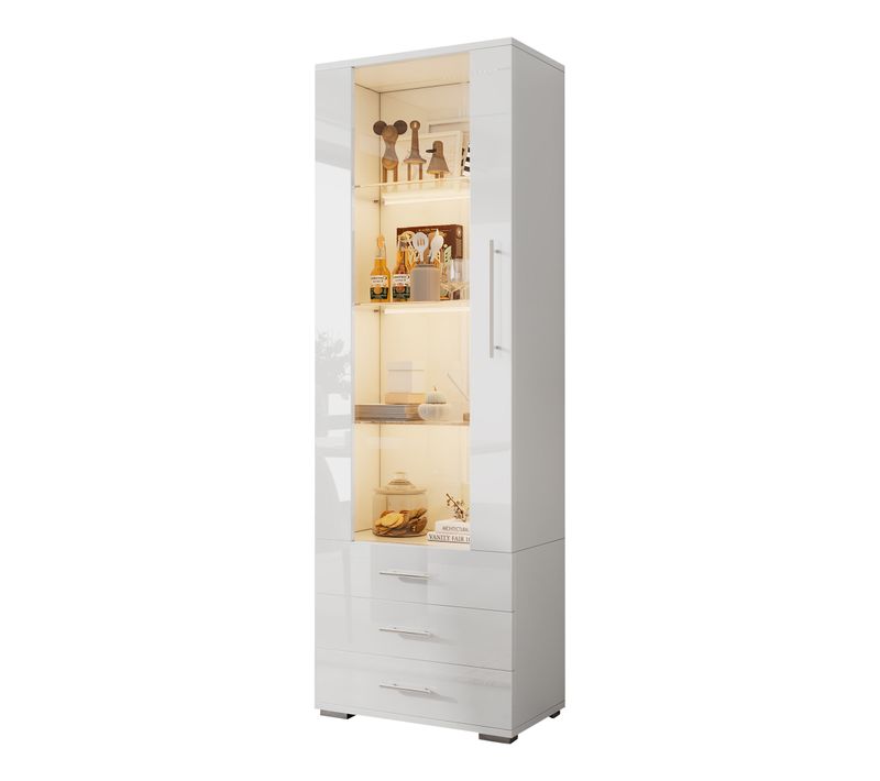 Vitrine 60x35x180 Cm Avec 3 Tiroirs, 1 Porte, Éclairage LED, Blanc