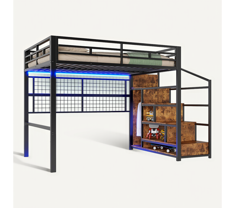 Lit Mezzanine 140x200 Cm Avec Échelle, LED, Grille De Suspension, Rangement, En Métal, Noir