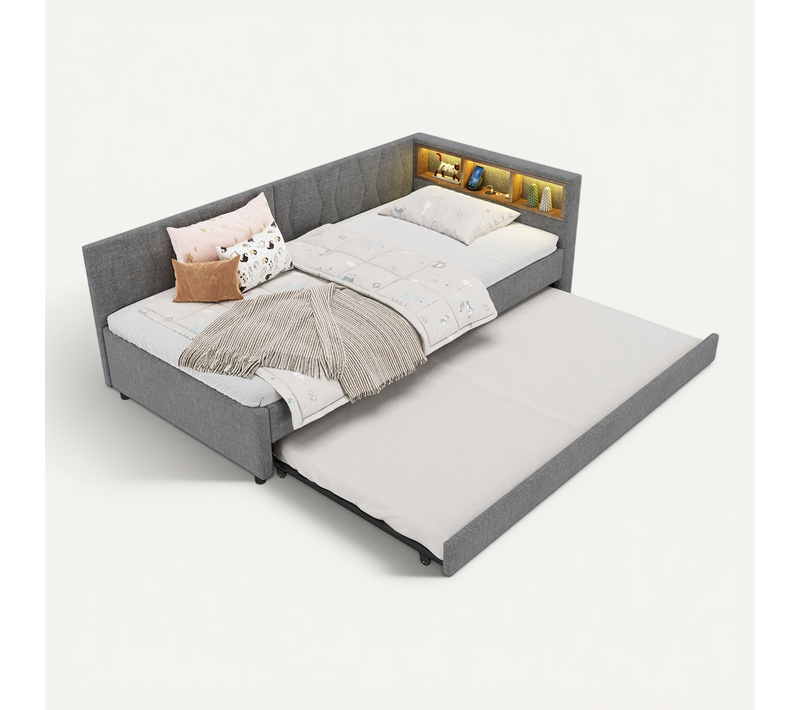 Lit Enfant 90x200 Cm Avec Lit Gigogne 90x190 Cm, Lumière LED Et Interface USB + Type-c, Lin, Gris