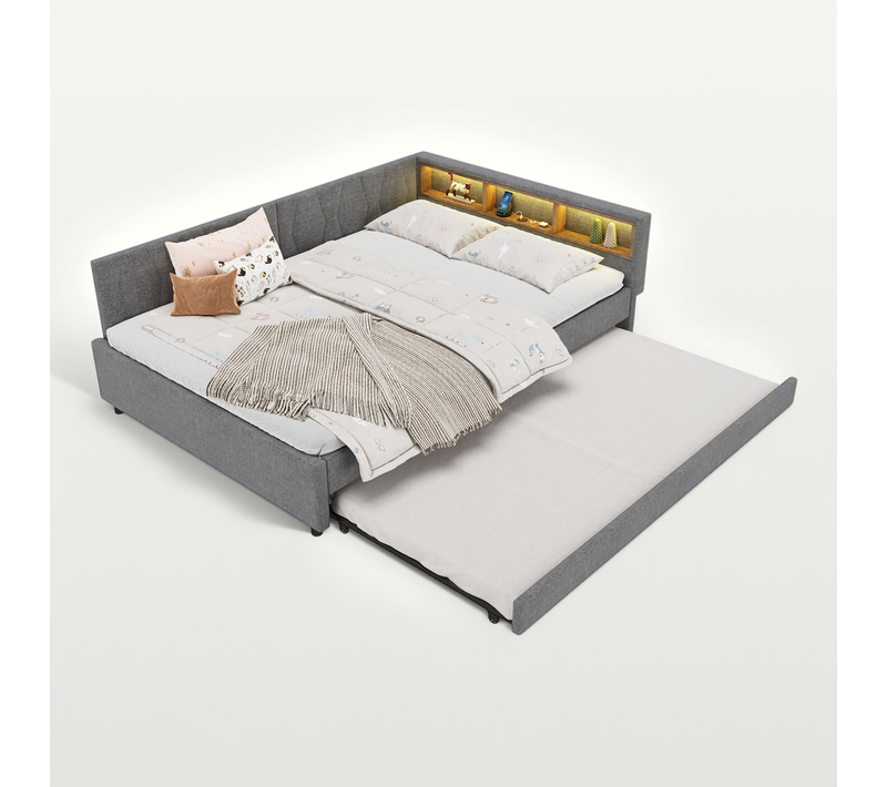 Lit Gigogne 140x200 Cm + 90x190 Cm Avec Rangement, Lit Avec LED, USB Et Type-c, Lin, Gris