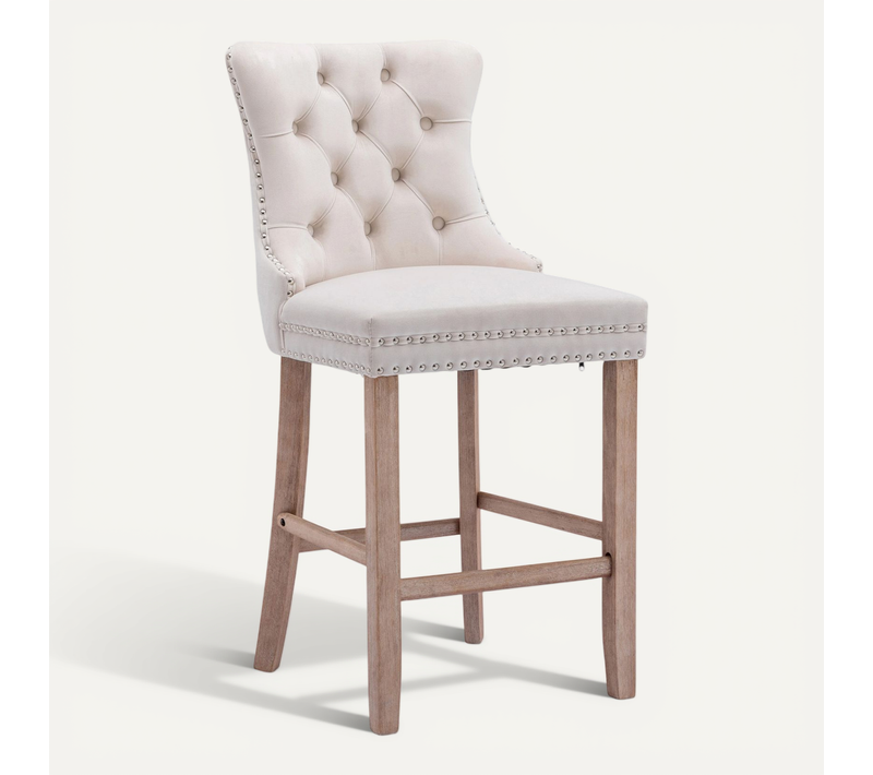 Lot De 2 Tabourets De Bar 60x50x104 Cm Dossier Haut, Velours Beige, Pieds En Bois