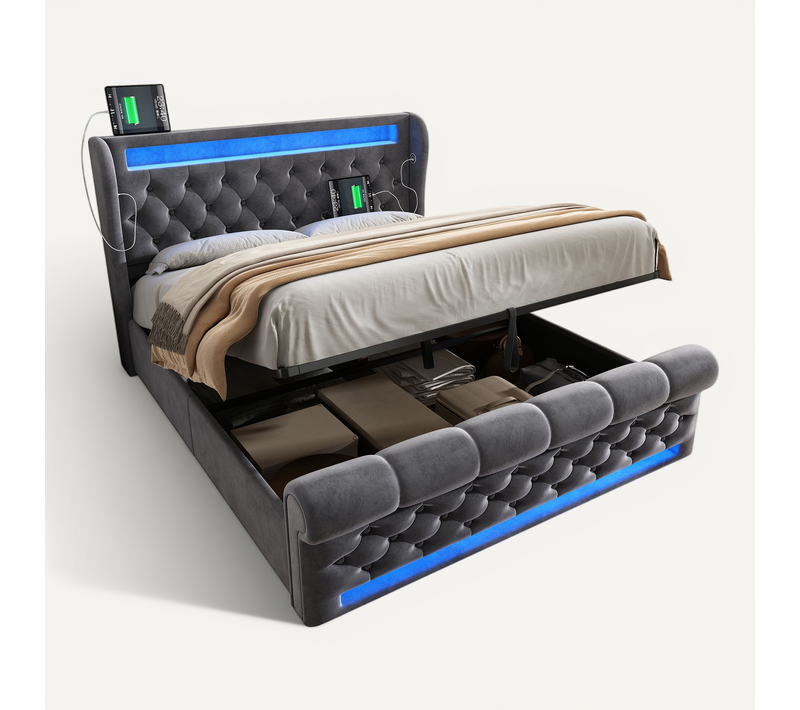 Lit Coffre Adulte 160x200 Cm Avec Rangement, Prises USB-c Et Éclairage LED, Velours, Gris