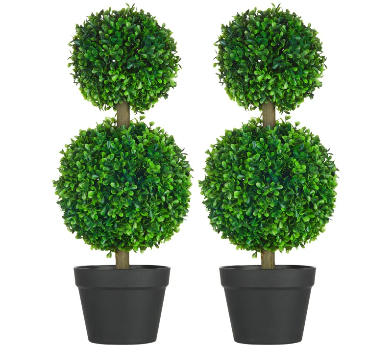 Lot De 2 Buis Artificiels 60 Cm à 2 Boules, Plante Décorative Avec Protection Uv, Plastique, Vert