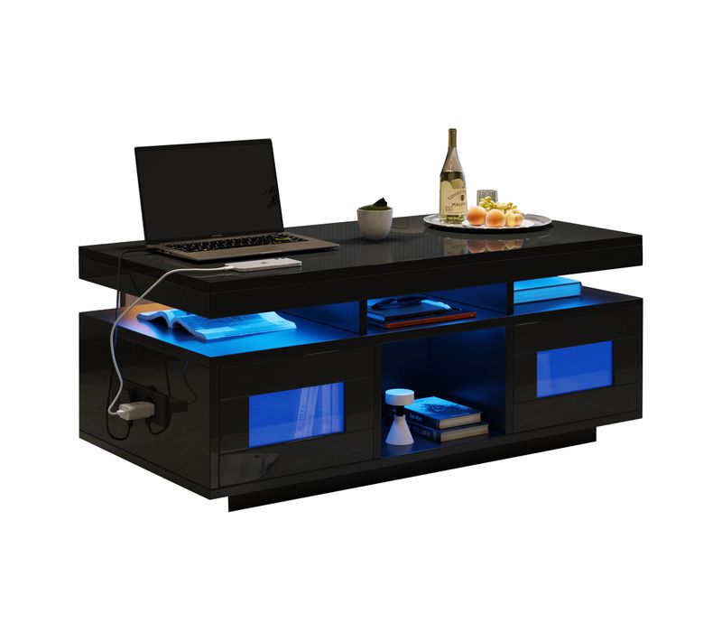 Table Basse De Salon 100x50x43 Cm à Haut Brillant Avec 2 Portes, LED, Prise Électrique, Noir