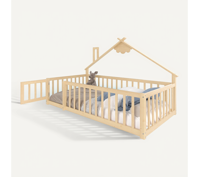 Lit Cabane Enfant 90 X 190 Cm Avec Barrières De Sécurité Verrouillables, En Pin, Couleur Bois