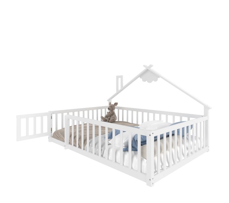 Lit Cabane 140 X 190 Cm Avec Barrières De Sécurité Verrouillables, En Pin, Blanc