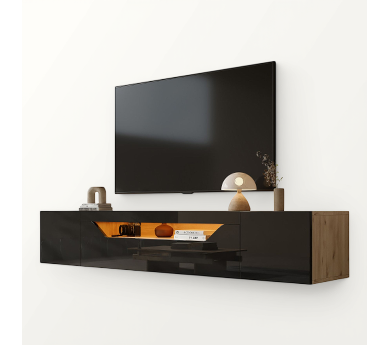 Meuble TV Suspendu LED 180 Cm 3 Portes Panneau Particules Couleur Noir Et Chêne