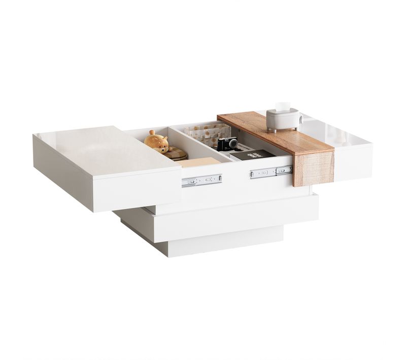 Table Basse Carrée Extensible 70x70x39 Cm, Table D'appoint Avec Rangements Cachés, Blanche