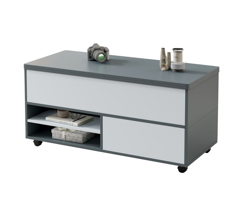 Table Basse Rectangulaire Relevable 100x98x65 Cm Avec 1 Tiroir, 1 Porte, Rangement, Roulettes, Gris