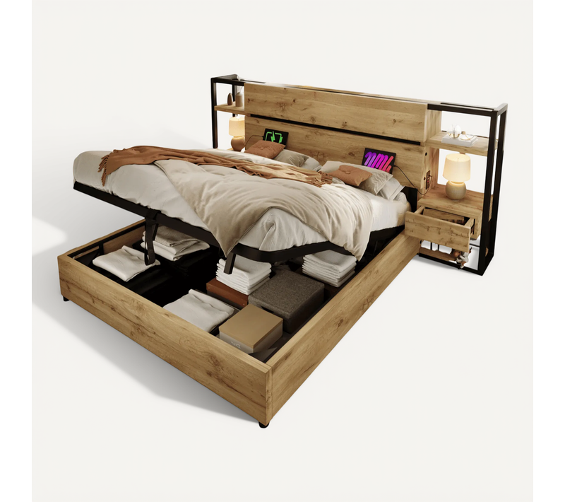 Lit Coffre Adulte 160x200 Cm Avec Rangement, Prises USB-c, 2 Tiroirs, Sommier, Mdf, Couleur Chêne