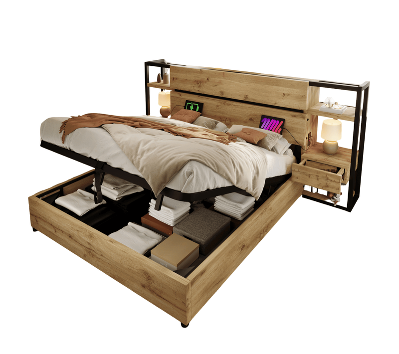 Lit Coffre Adulte 180x200 Cm Avec Rangement, Prises USB-c, 2 Tiroirs, Sommier, Mdf, Couleur Chêne