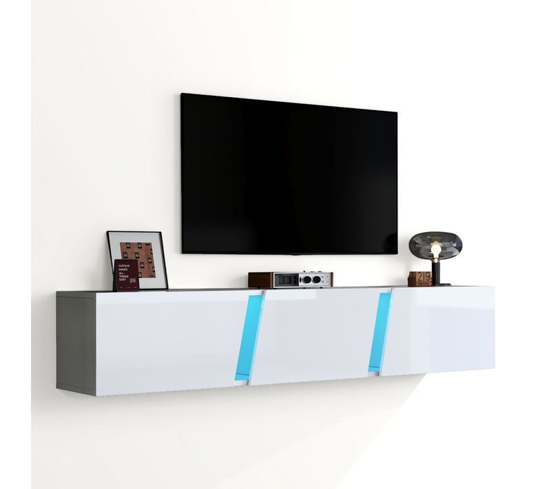 Meuble TV 180 X 35 X 30 Cm Avec Éclairage LED, 3 Portes, En Panneau De Particules, Blanc