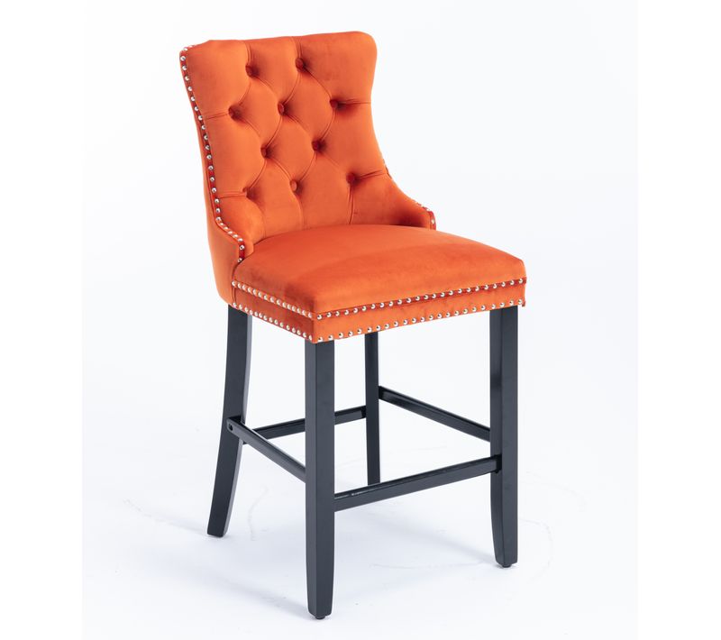 Lot De 2 Tabourets De Bar 60x50x104 Cm Dossier Haut, Velours Orange, Pieds En Bois