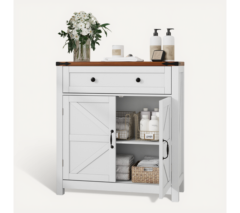 Buffet 76x30x83cm, 1 Tiroir, 2 Portes, étagère Réglable, Style Ferme, Plateau Noyer, Blanc