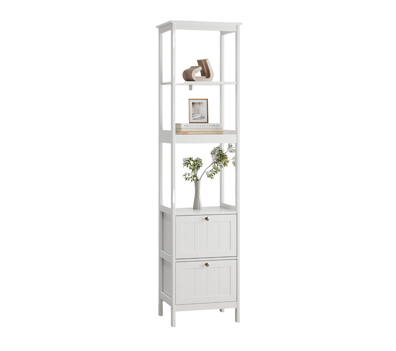 Colonne De Salle De Bain étroite 40x30x161cm, 2 Tiroirs, 3 étagères Ouvertes, Mdf, Blanc