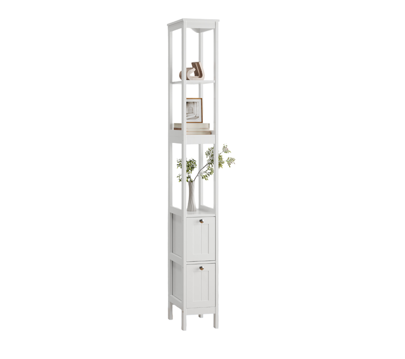 Colonne De Salle De Bain étroite 20x30x161cm, 2 Tiroirs, 3 étagères Ouvertes, Mdf, Blanc