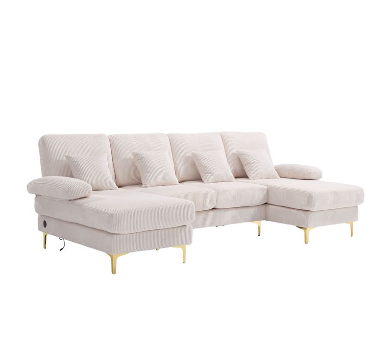 Canapé Angle 4 Places Avec LED, Prise USB-c, 4 Coussins, Dossier, Velours, Beige